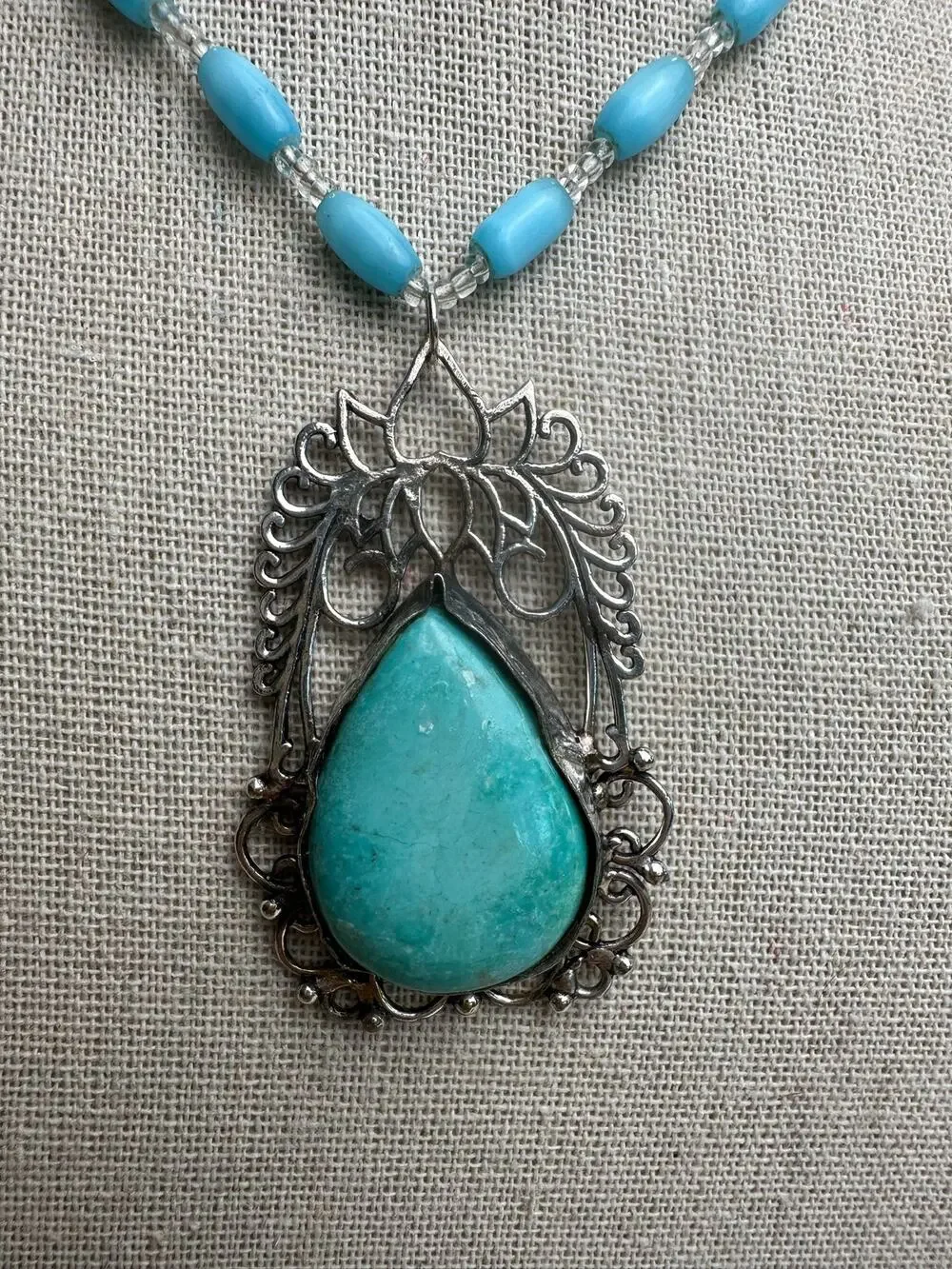 Sterling 925 Turquoise Teardrop Handmade Rustic Pendant Large Ornate Southwest